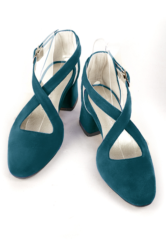 Women's peacock blue elegant closed-back heels, with crossed straps. .  - Top view